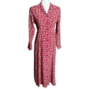 Vtg April Cornell Dress Cool Red Floral Midi Button Cottagecore Retro 40s Wom S